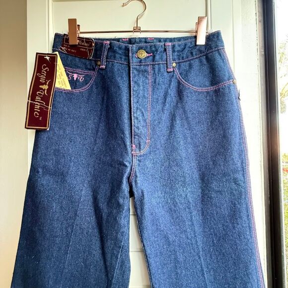 VTG 1970s Sergio Valente Pink Topstich Straight Leg Blue Jeans 27" NWT deadstock - Picture 2 of 10